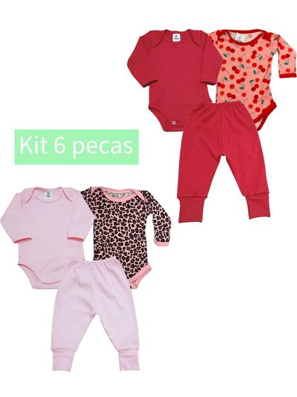 Imagem de Roupa Bebê Body Manga Longa Liso e Estampado Mijão Liso Kit 6 peças