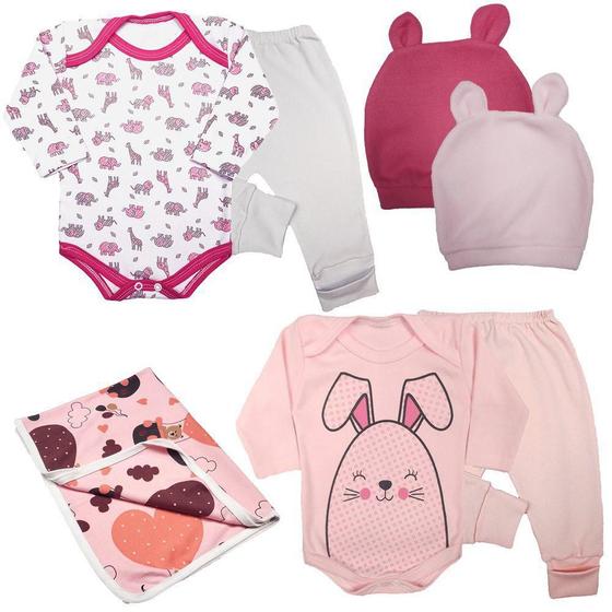 Imagem de Roupa Bebe Kit 7 Pçs Toucas Conjunto Body E Mijão E Cueiro