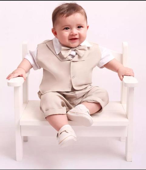Roupa Bege e Branca Social Pajem Menino Bebê Samuel Batizado