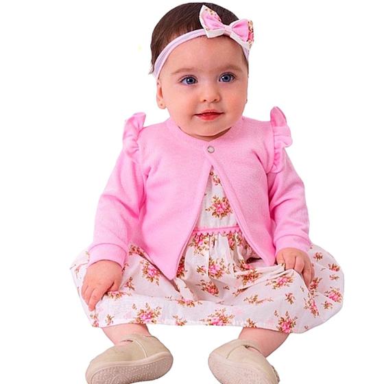 Imagem de Roupa de Bebê Menina Vestido com bolero e tiara 100% Algodão