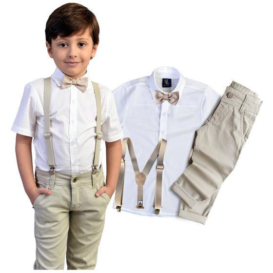 Roupa Menino Infantil Tema Pajem Camisa Manga Curta Branco Bermuda Color  Bege Suspensório E Gravata Bege