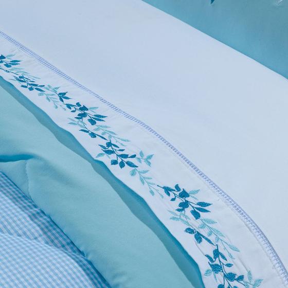 Imagem de Roupa de Cama Casal King Londres 200 Fios 100% Algodão 04 Peças - Branco / Azul