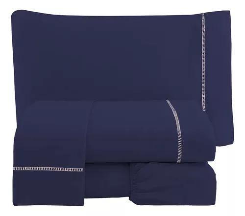 Imagem de Roupa de Cama Casal Queen 400 Fios Micropercal 3 Pçs Jogo de Lençol Extra Macio Azul Marinho