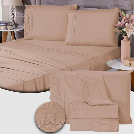 Imagem de Roupa de Cama Jogo De Lençol Casal Padrão 4 Peças 400 Fios Micropercal Bordado Inglês Toque Macio Luxo Premium