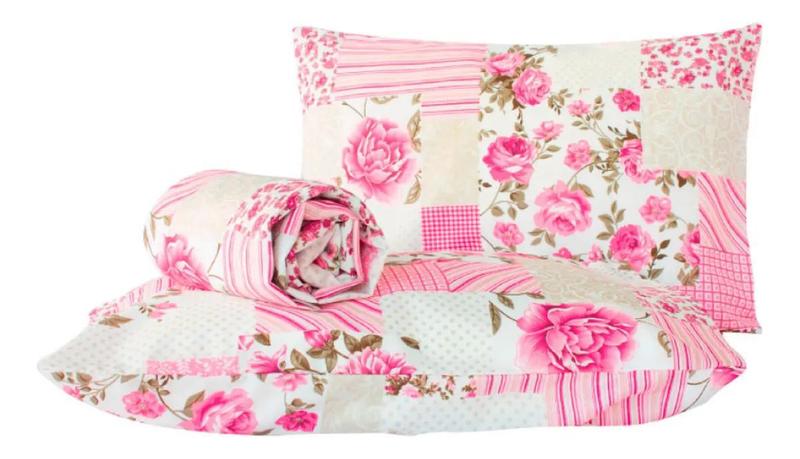 Imagem de Roupa De Cama Jogo De Lençol Queen 3 Peças Patchwork Rosa