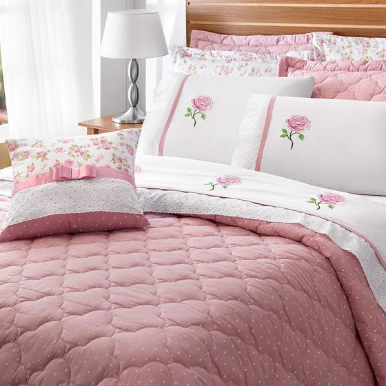 Imagem de Roupa de Cama Noah Queen 7 Peças Branco e Rosé Casa Dona