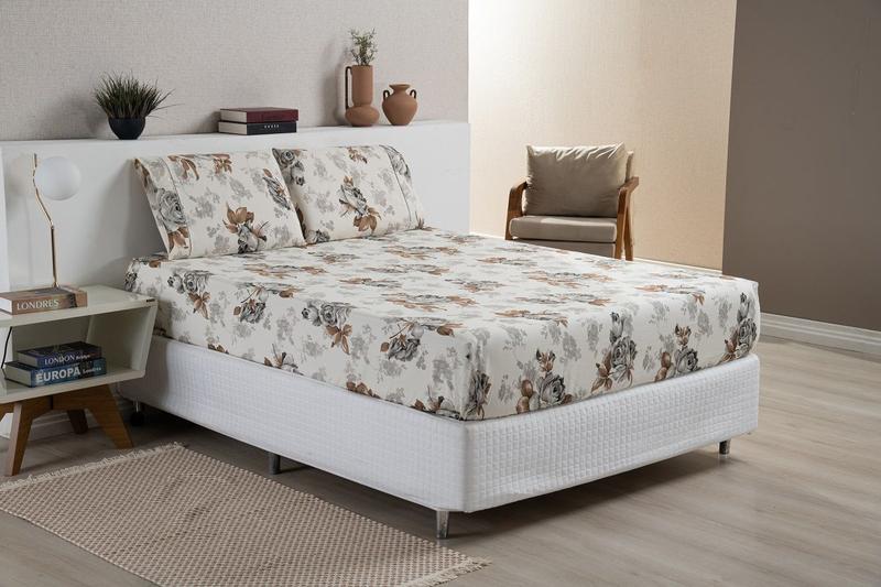 Imagem de Roupa de Cama Queen 3 Peças Lençol e Fronhas Ponto Palito Yasmin Percal Estampado