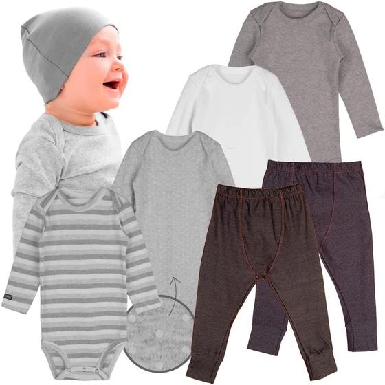 Imagem de Roupa Frio Bebê Conjunto Kit Body Manga Longa e Calça Neutro Minimalista Minino Menina