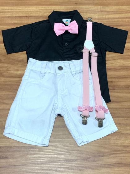 Imagem de Roupa Infantil Bita Menino Verão Suspensório Rosa Bigode Gravata Rosa