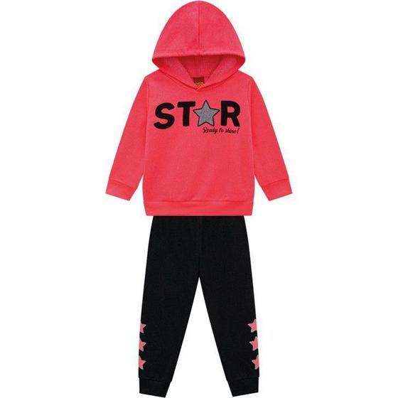 Imagem de Roupa Infantil Blusa de Frio Rosa Manga Longa Calça Preta Estilosa Quentinha Conjunto Neon Star Kyly