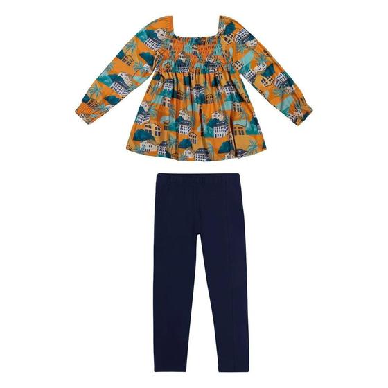 Imagem de Roupa Infantil Blusa Estampada Mangas Bufantes Calça Legging Básica Inverno Estiloso Confortável