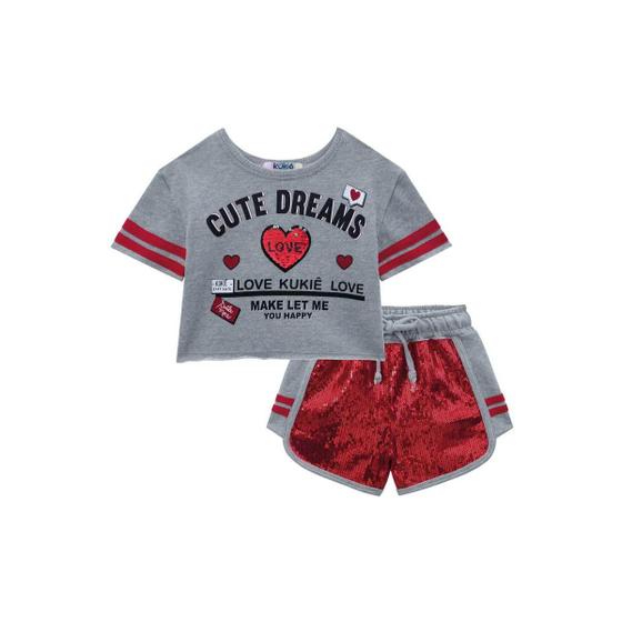 Imagem de Roupa Infantil Blusinha Boxy Shortinho Moletom Lantejoulas Vermelhas Conjunto Kukie