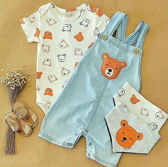 Imagem de Roupa Infantil Conjunto Bebê Jardineira Jeans Com Ursinho E Body Estampado Bichinhos Lucboo