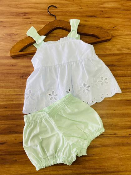 Imagem de Roupa Infantil Conjunto Milon Bebê Blusa Bata Suave e Short Em Tricoline Menina Branco E Verde