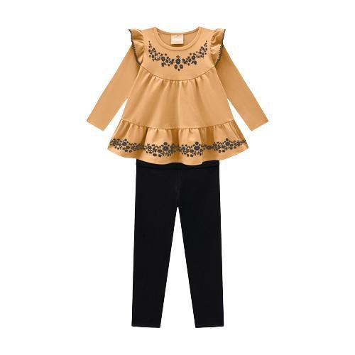 Imagem de Roupa Infantil Conjunto Para Meninas Batinha Manga Longa Bordada E Legging Estilosa Confortável