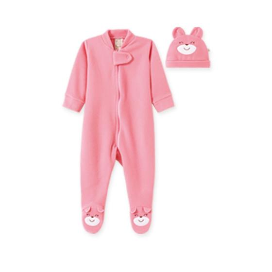 Imagem de Roupa Infantil Macacão Manga Longa Touca Soft Orelha de Urso Rosa Quentinha Moda Inverno Pingo Lelê