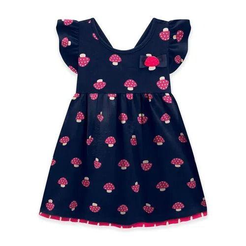 Imagem de Roupa Infantil Vestido Menina Cotton Kyly Estampa Cogumelos Laço Azul Marinho