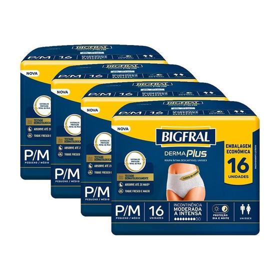 Imagem de Roupa Íntima Adulto Bigfral Derma Plus Tamanho P/M - 4 Pacotes com 16 Fraldas - Total 64 Tiras