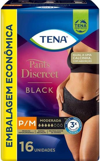 Imagem de Roupa Íntima Descartável Tena Pants Discreet Feminino P/M Preta Absorção Moderada 16 unidades