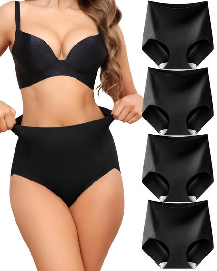 Imagem de Roupa íntima feminina LEVAO Tummy Control, cintura alta, pacote com 4 unidades, pretas