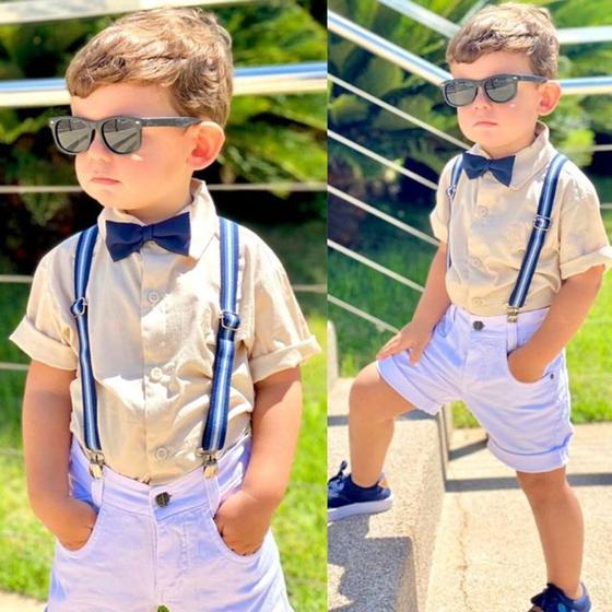 Imagem de Roupa Menino Infantil Camisa Manga Curta Creme Bermuda Color Branca Suspensório e Gravata