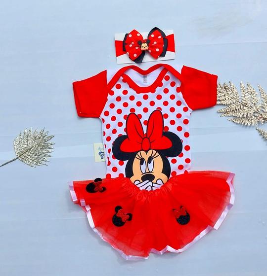 Imagem de Roupa Minnie Kit Body Fantasia Mesversario 3 Pçs Temático