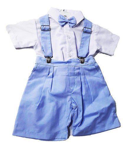 Roupa Para Batizado Bebê Menino Camisa Short Suspensório