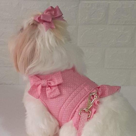 Imagem de Roupa pet cachorro gato peitoral coleira colete com guia poa rosa