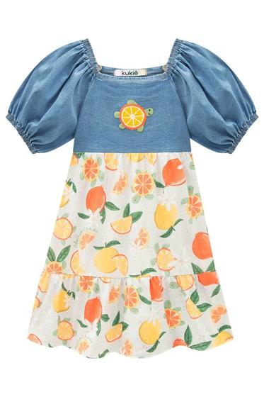 Imagem de Roupa Vestido Infantil Menina Jeans Liz + Malha Fresh Estampa Fruta Manga Curta Conforto Kukiê