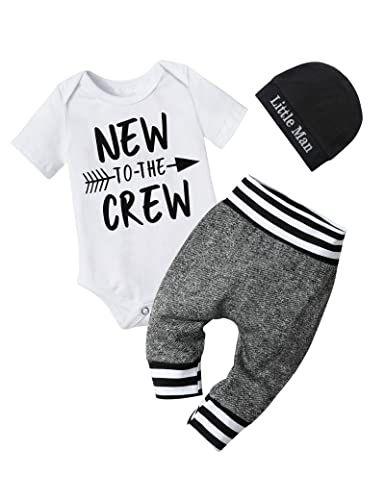 Imagem de Roupas de menino bebê 0-3 meses Novo para a carta da tripulação imprimir romper bodysuit +calças +chapéu 3PCS Roupas