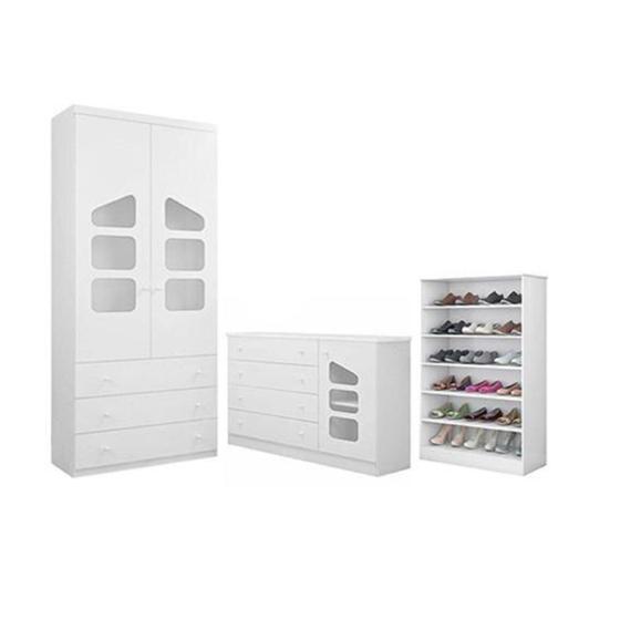 Imagem de Roupeiro 2 Porta e Gavetas + Cômoda Algodão Doce MDF + Sapateira Bella - Bela Móveis