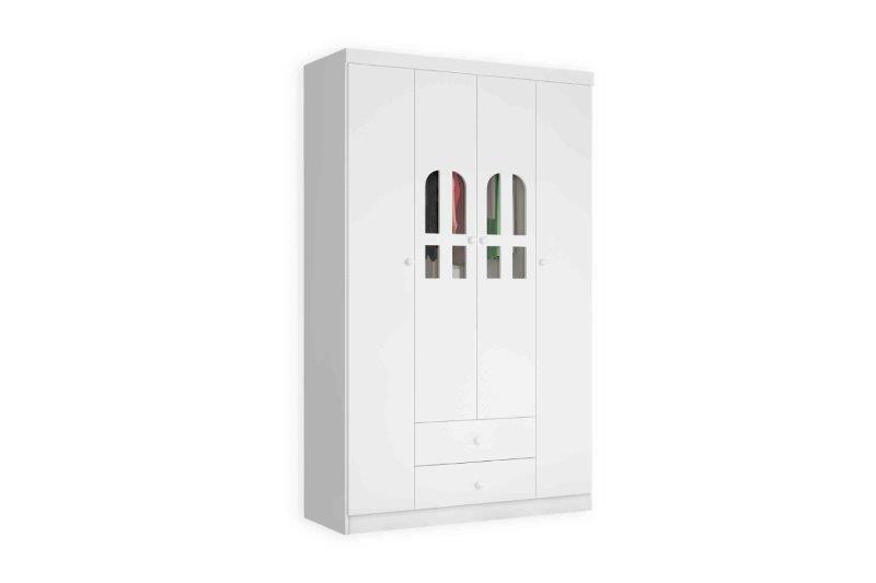 Imagem de Roupeiro / Armário / Guarda Roupas ALV Modelo Infantil / Solteiro com Detalhes decorativos em Vidro nas Portas Centrais Cor Branco