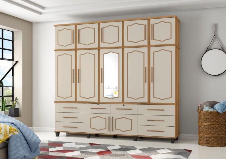 Roupeiro / Guarda Roupas DIAM Triplex 2.40m Com Espelho Casal Amplo Espaço Interno e Gavetas Com Chaves Cor Nature/Off White Menor preço em Roupeiro / Guarda Roupas DIAM Triplex 2.40m Com Espelho Casal Amplo Espaço Interno e Gavetas Com Chaves Cor Nature/Off White