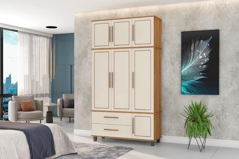 Roupeiro / Guarda Roupas HOU Triplex 3 Portas + 2 Gavetas Com Cabideiros em Alumínio Cor Nature/ Off White - PZ Imagem de Roupeiro / Guarda Roupas HOU Triplex 3 Portas + 2 Gavetas Com Cabideiros em Alumínio Cor Nature/ Off White
