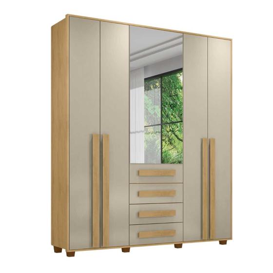Imagem de Roupeiro Las Vegas design elegante com espelho externo, 3 maleiros, 3 gavetas, 3 prateleiras e estrutura robusta com 8 pés resistentes