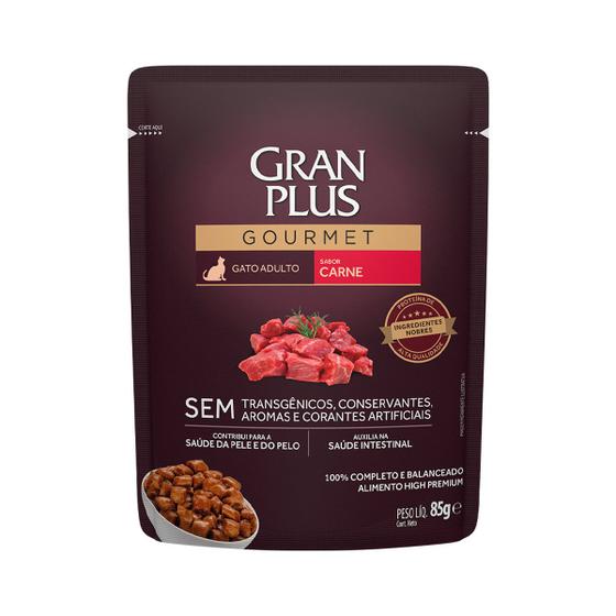 Imagem de Sachê De Ração Úmida Para Gato Adulto Auxilia Na Saúde Intestinal Sabor Carne 85g Gran Plus