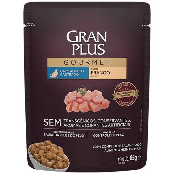 Imagem de Sachê Para Ração De Gatos Adultos Castrados Ração Úmida Gourmet Sabor Frango 85g Gran Plus