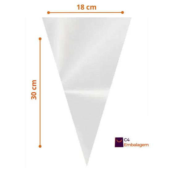 Imagem de Saco Cone Transparente 18X30cm com 100 un Saquinho Plástico Reforçado Trufado Incolor Cristal