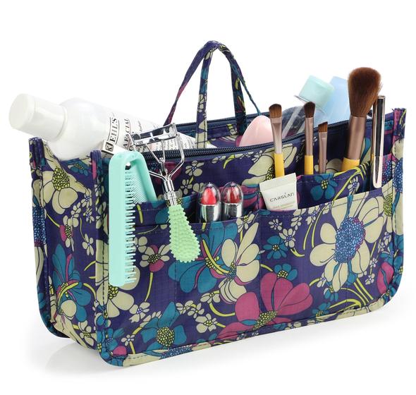 Imagem de Saco cosmético para mulheres impressão bonito 14 bolsos expansível maquiagem organizador bolsa com alças (flor azul)