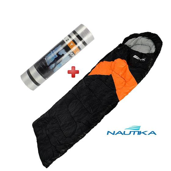 Imagem de Saco de Dormir Nautika Viper Preto e Laranja + Isolante Térmico Azteq Isomat Aluminizado