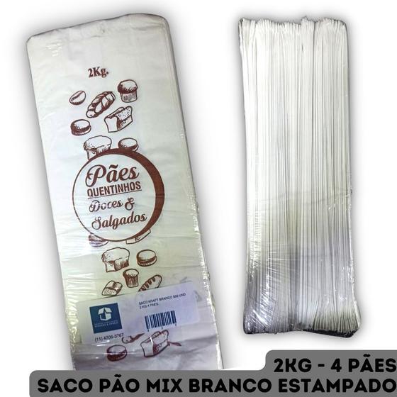 Imagem de Saco de Papel Kraft Branco Pão Mix Estampado "Pães Quentinhos Doces e Salgados" - 2kg 4 Pães - 500 Unidades