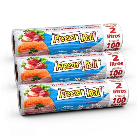 Saco para alimentos FreezerRoll, 2 litros, conjunto com 3 rolos com