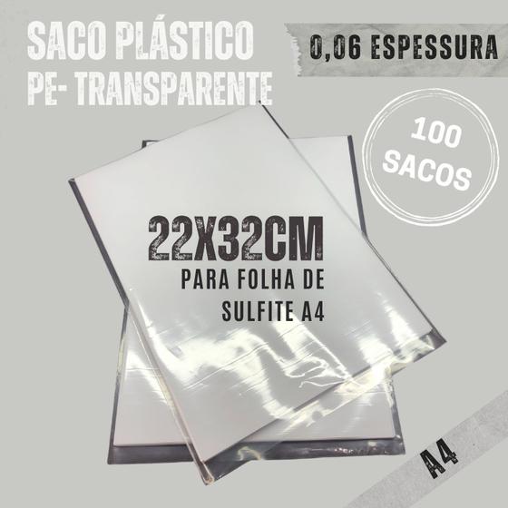 Imagem de Saco plástico com 100 unidades sem furo para documento, folha A4 22X 32cm transparente