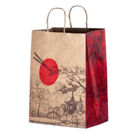 Imagem de Sacola De Papel Kraft Pardo com Desenho Oriental - Tamanho  M 24x34x14,5 Cm Para Delivery Food Presente Entrega - Opções