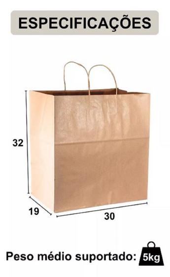 Imagem de Sacola De Papel Para Presente Kraft Lisa Na Cor Pardo - Tamanho G 30x32x19 Cm Delivery Food com Alça - Opções de Pacotes