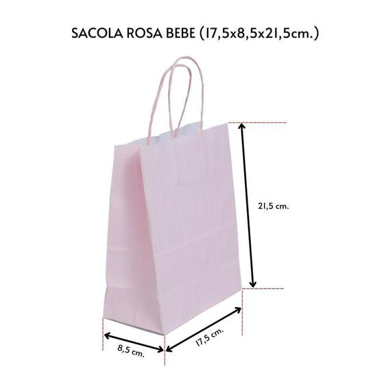 Imagem de Sacolas Papel Kraft Presente Coloridas 17,5x8,5x21,5cm - Rosa Bebê (Kit 10)