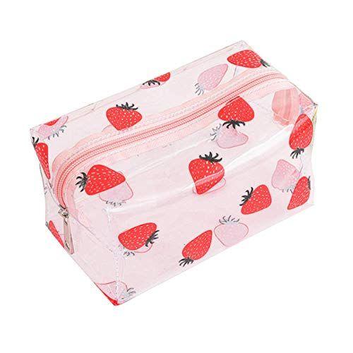 Imagem de Sacos cosméticos bonitos cristalinos, sacos de maquiagem de higiene pessoal transparentes, pincéis de maquiagem portáteis kit saco de armazenamento, organização de desenhos animados impermeável para meninas mulheres (morango)