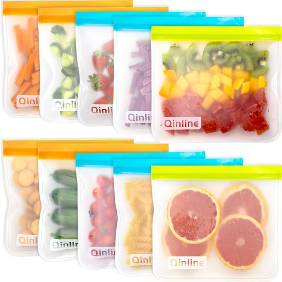 Imagem de Sacos de Armazenamento de Alimentos Reutilizáveis Qinline - Pacote com 10 Unidades de Silicone sem BPA