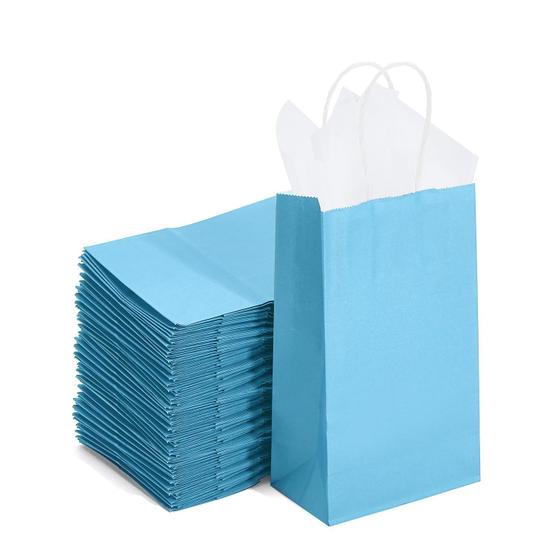 Imagem de Sacos de papel DjinnGlory Blue com alças 9x14x8cm, pacote com 100