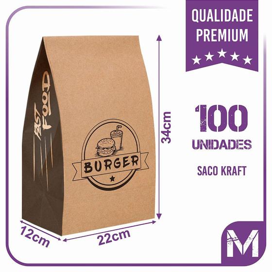 Imagem de Sacos Kraft Para Delivery - M (22x12x34) - 100 unidades - Modelo Burger